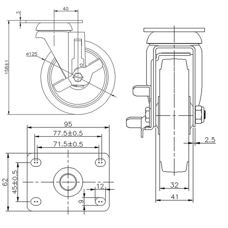DGQ 5" Caster wheels Heavy Duty Premium Commercial Grade Non-Marking Set of 4 (2 Rigid, 2 Swivel with Brakes) - Image 5